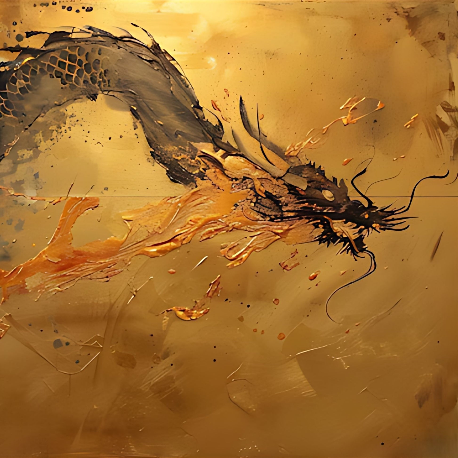 Abstract painting of a dragon on a gold background
