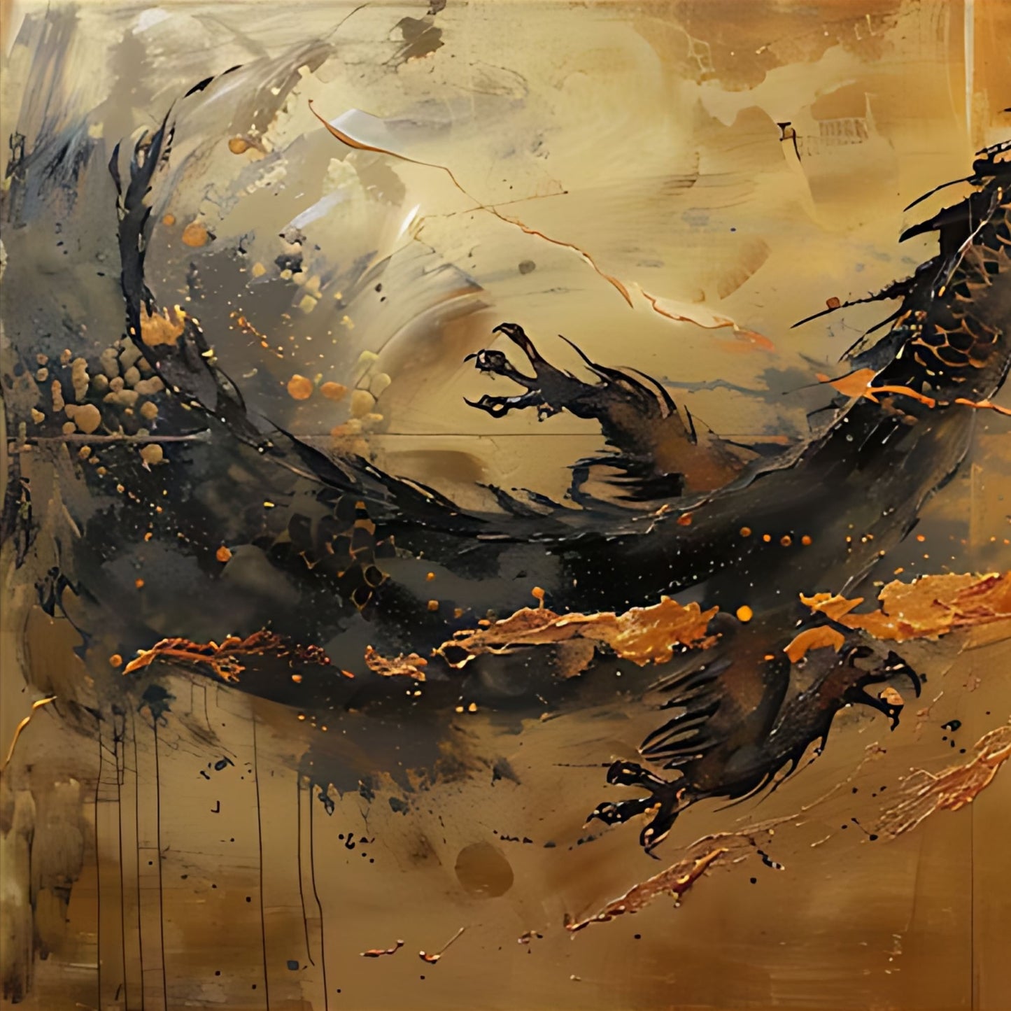 Abstract painting with black and orange splashes on a beige background