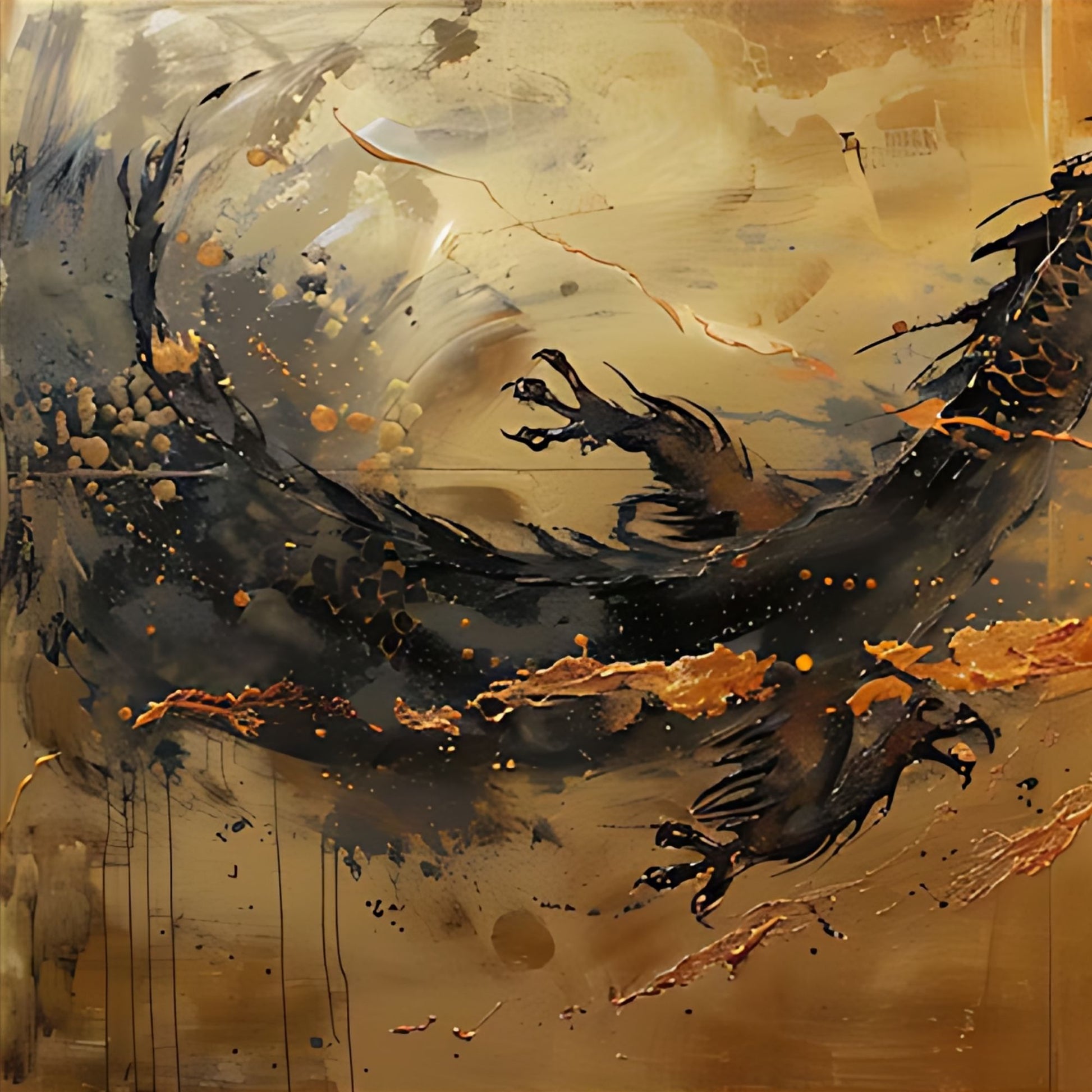 Abstract painting with black and orange splashes on a beige background