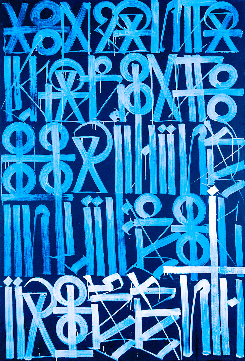 Abstract symbol artwork in blue on black background colour variant close view