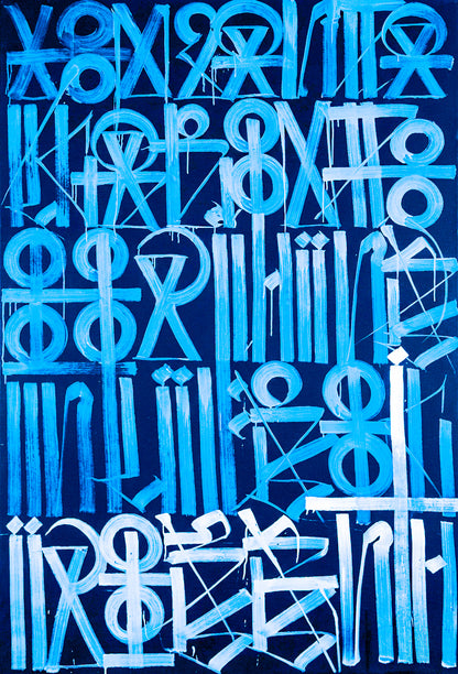 Abstract symbol artwork in blue on black background colour variant close view
