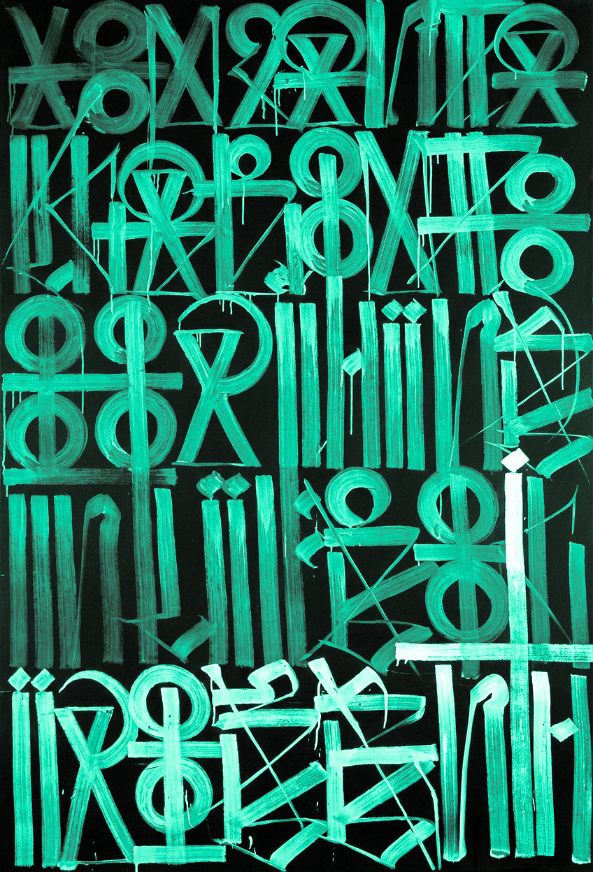 Abstract symbol painting in green on black background colour variant close view