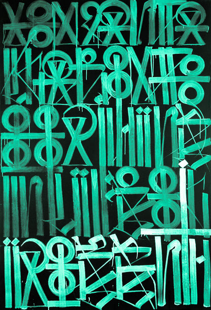 Abstract symbol painting in green on black background colour variant close view