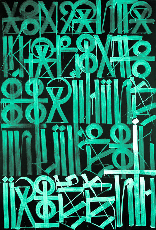 Abstract symbol painting in green on black background colour variant close view