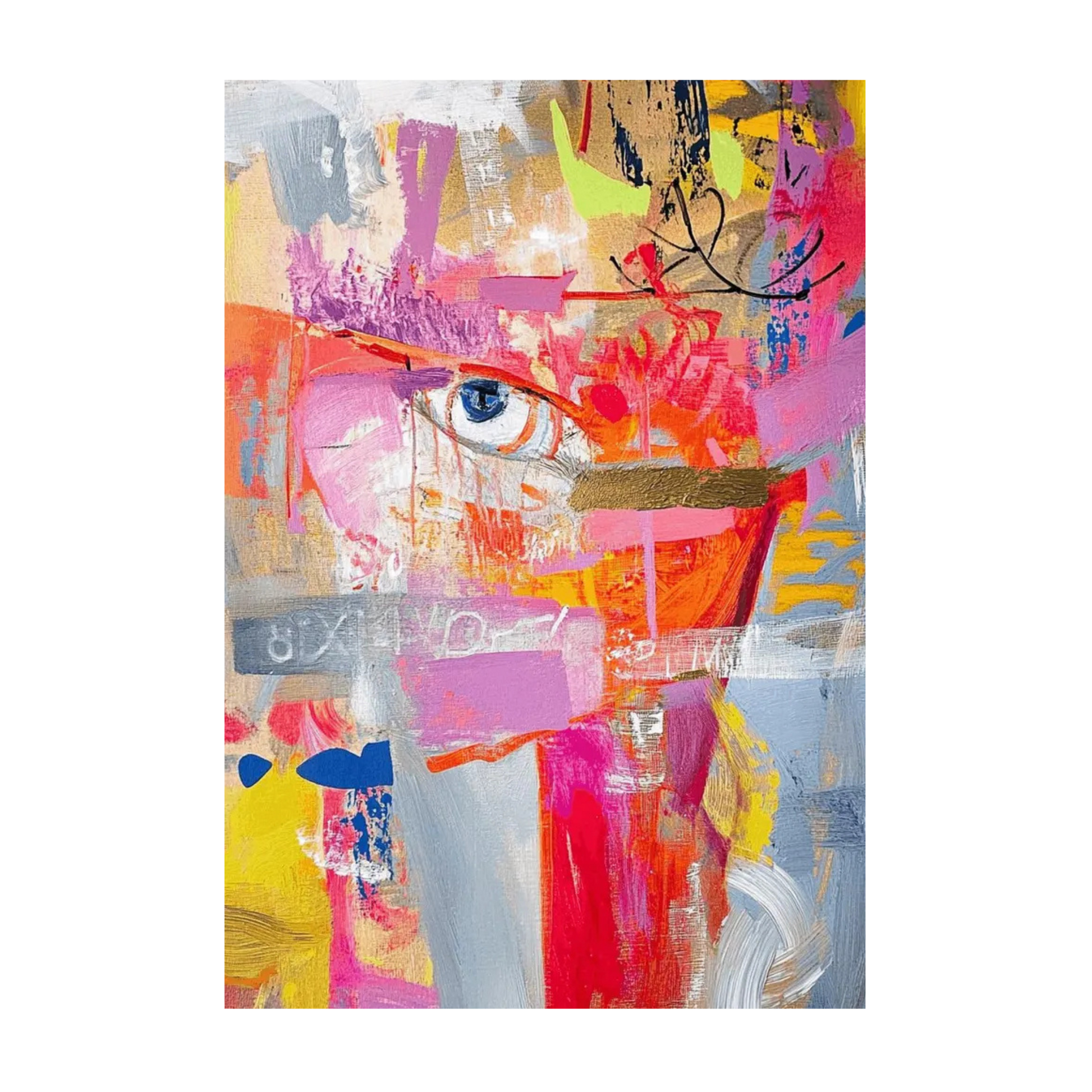 Abstract art piece with a colorful face design on a white background