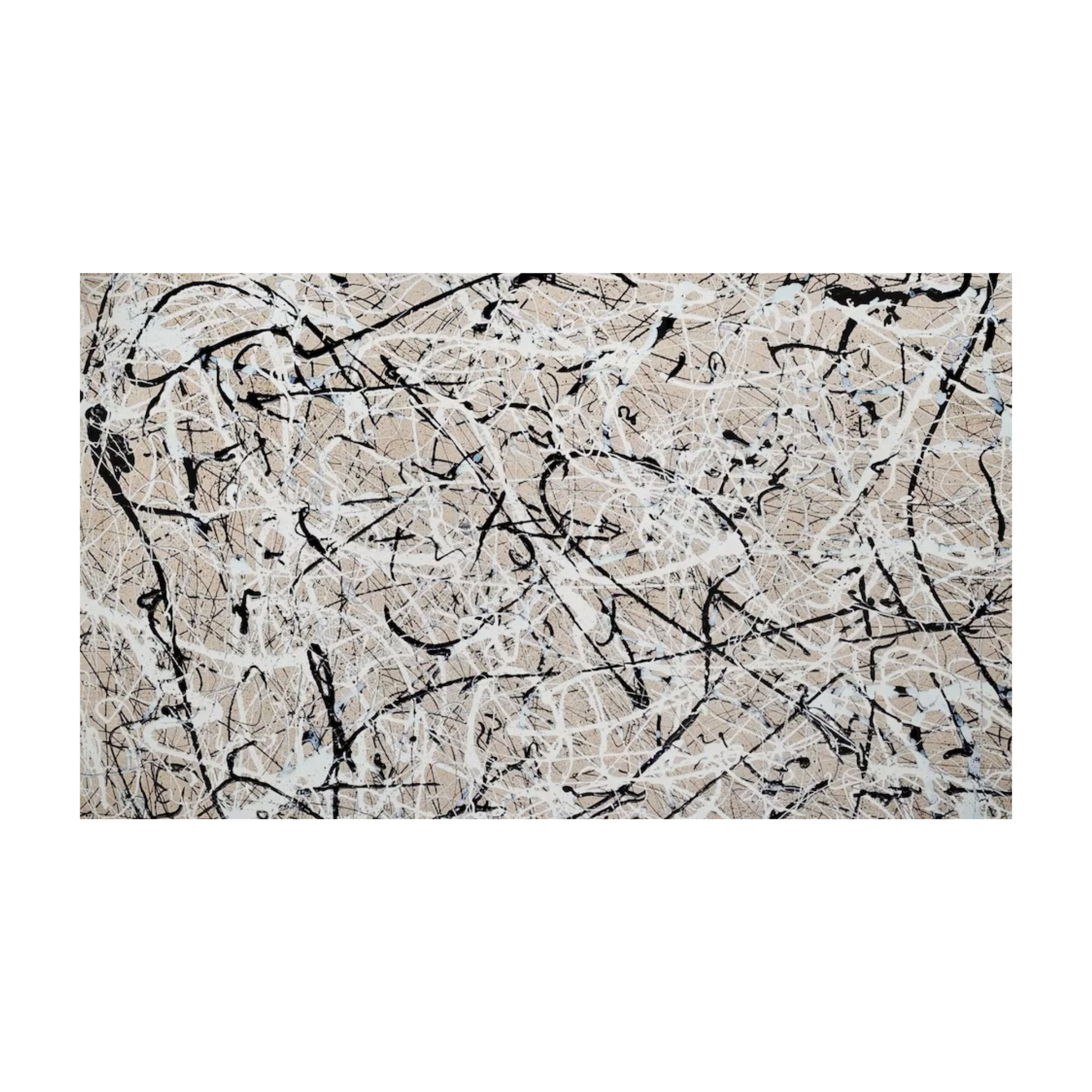 Abstract art piece with black and white brush strokes on a textured beige background