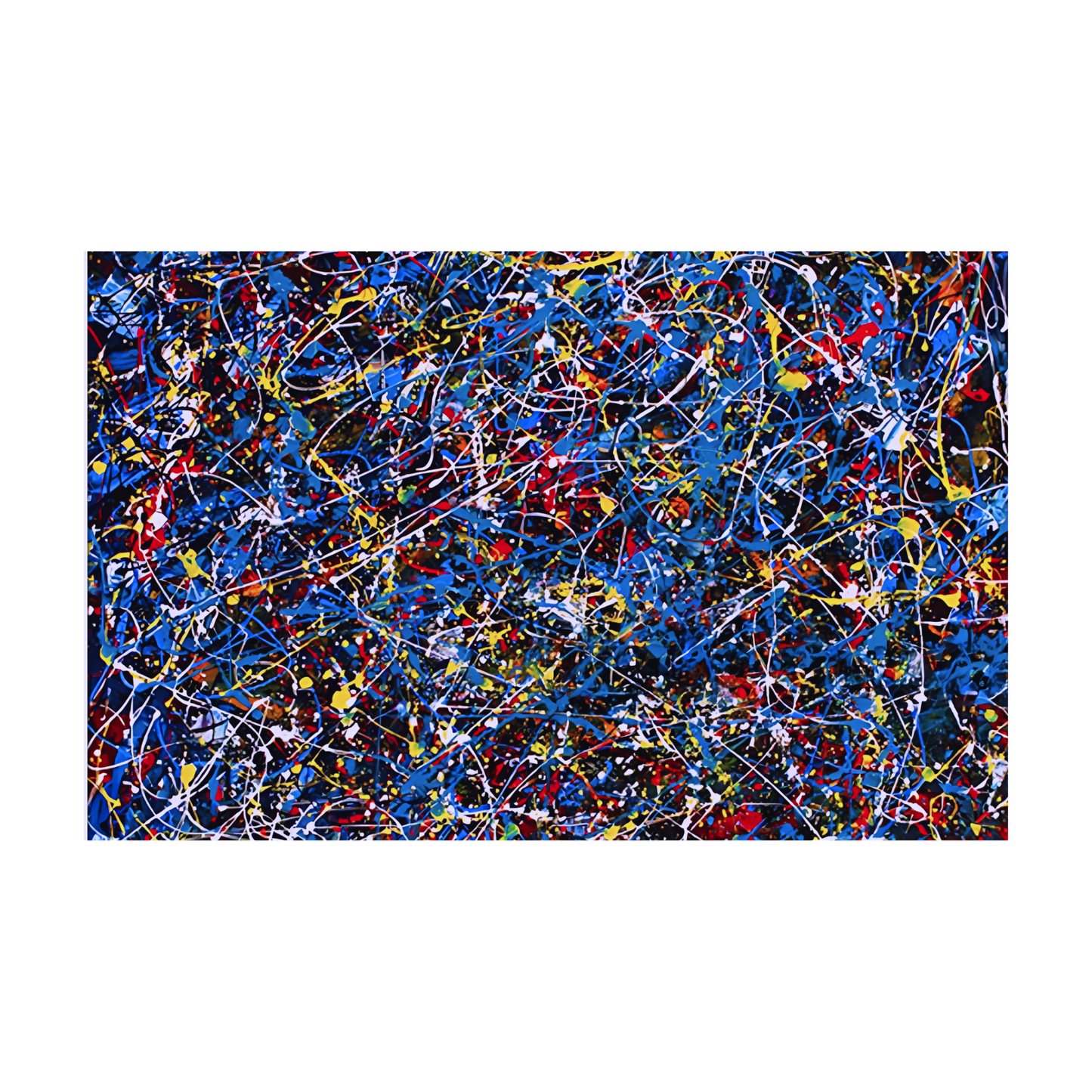 Abstract art with blue, red, and yellow colors on a white background