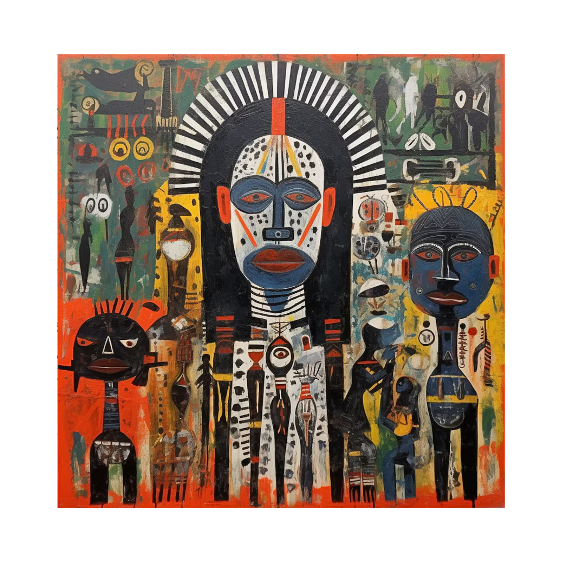 Colorful abstract artwork with stylized faces and patterns