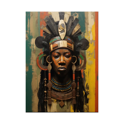 Artistic depiction of a figure with intricate headdress and jewelry against a textured background
