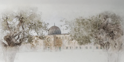 Al-Aqsa Mosque with Olive Trees – Watercolor Architectural Landscape