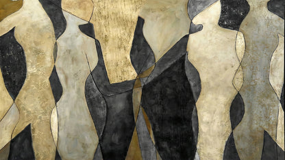 Abstract art piece with geometric shapes in black, gold, beige, and gray.