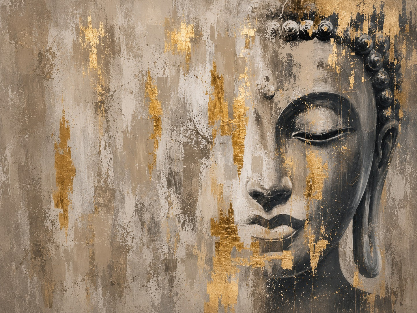 Artistic depiction of a Buddha face with gold and gray abstract background