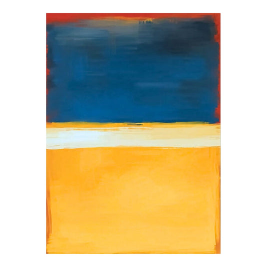 Abstract painting with blue and orange sections on a white background