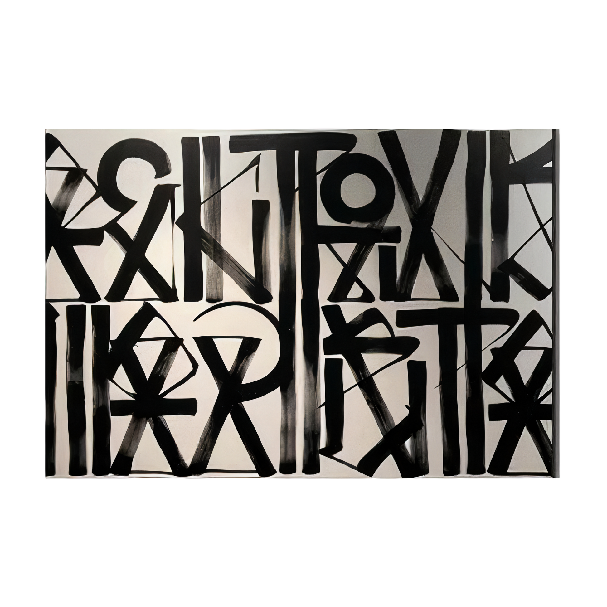 Abstract artwork with black and white text on a beige background