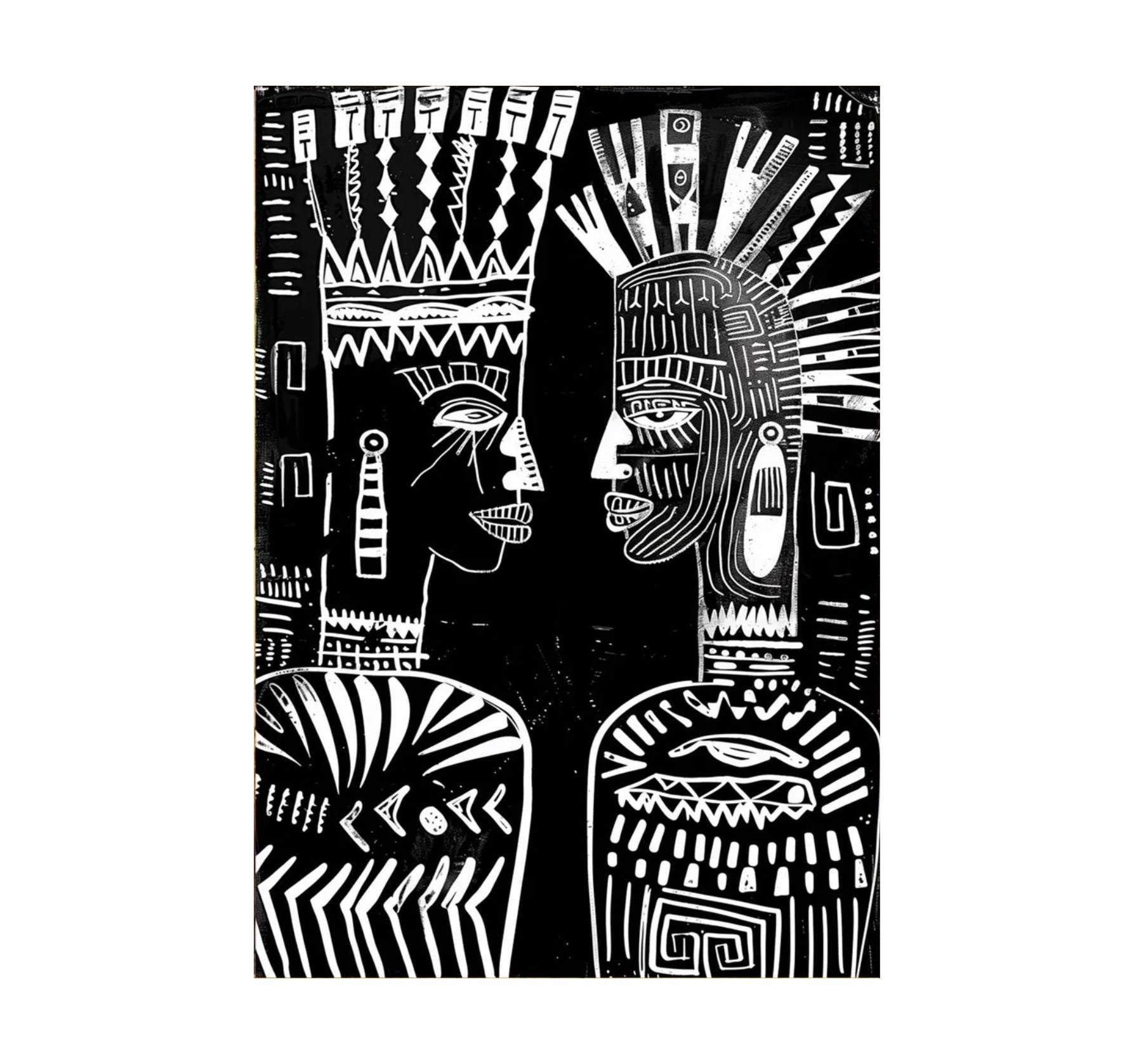 Black and white illustration of two stylized figures with intricate patterns on a black background