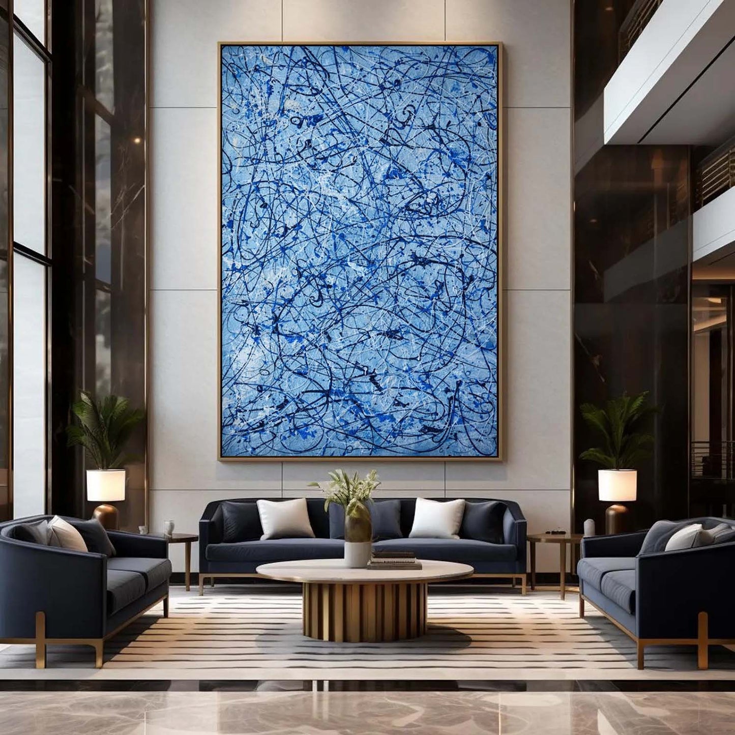 Modern living room with abstract blue artwork on the wall