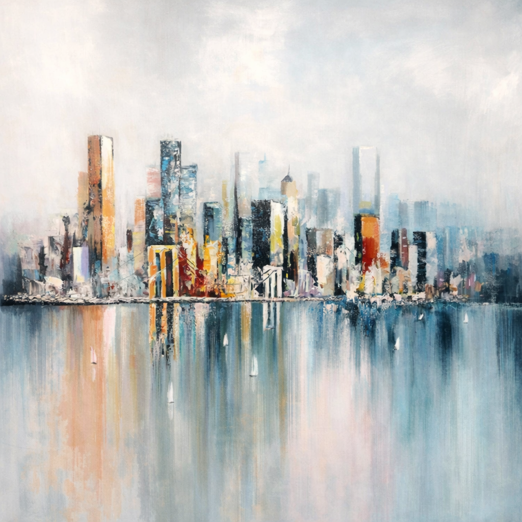 City skyline reflected in water with a soft, painterly texture