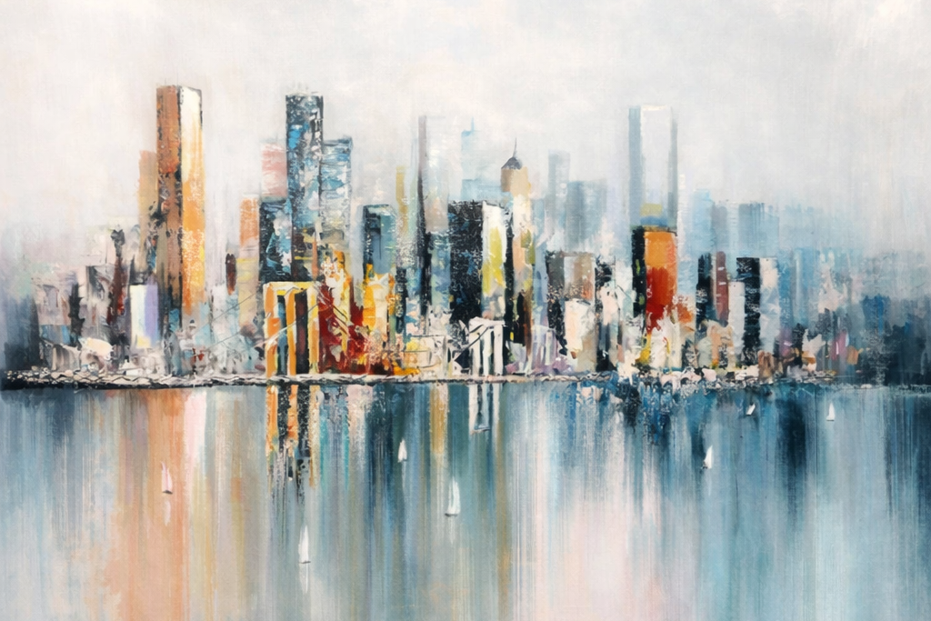 City skyline reflected in water with a soft, painterly texture