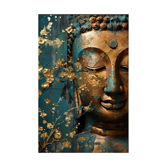 Decorative wall art with a Buddha face and gold floral elements on a blue background