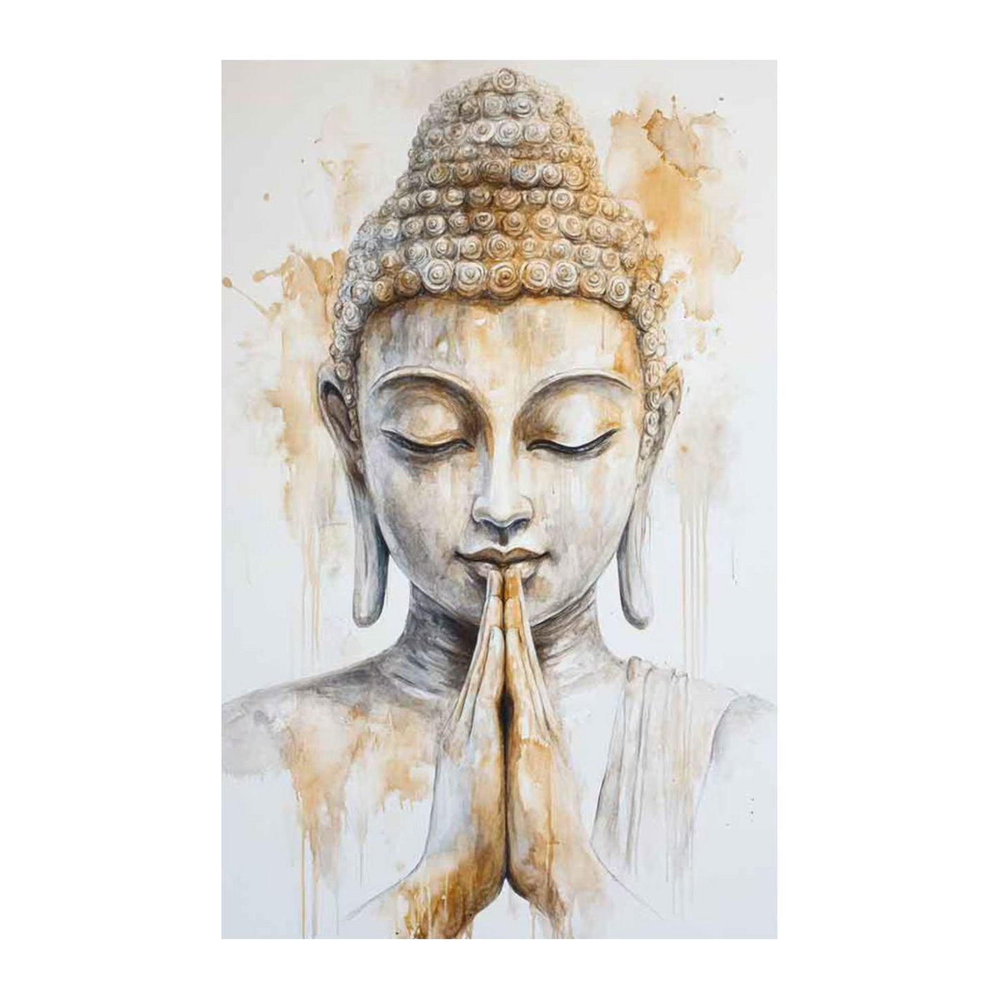 Artistic depiction of a Buddha figure with hands in prayer position on a white background