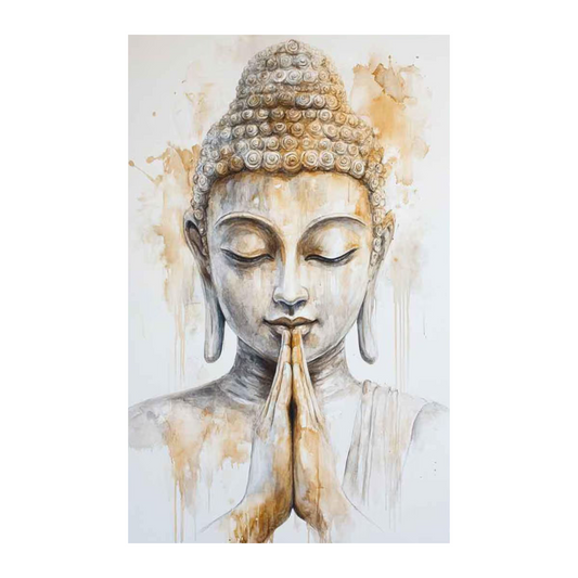 Artistic depiction of a Buddha figure with hands in prayer position on a white background