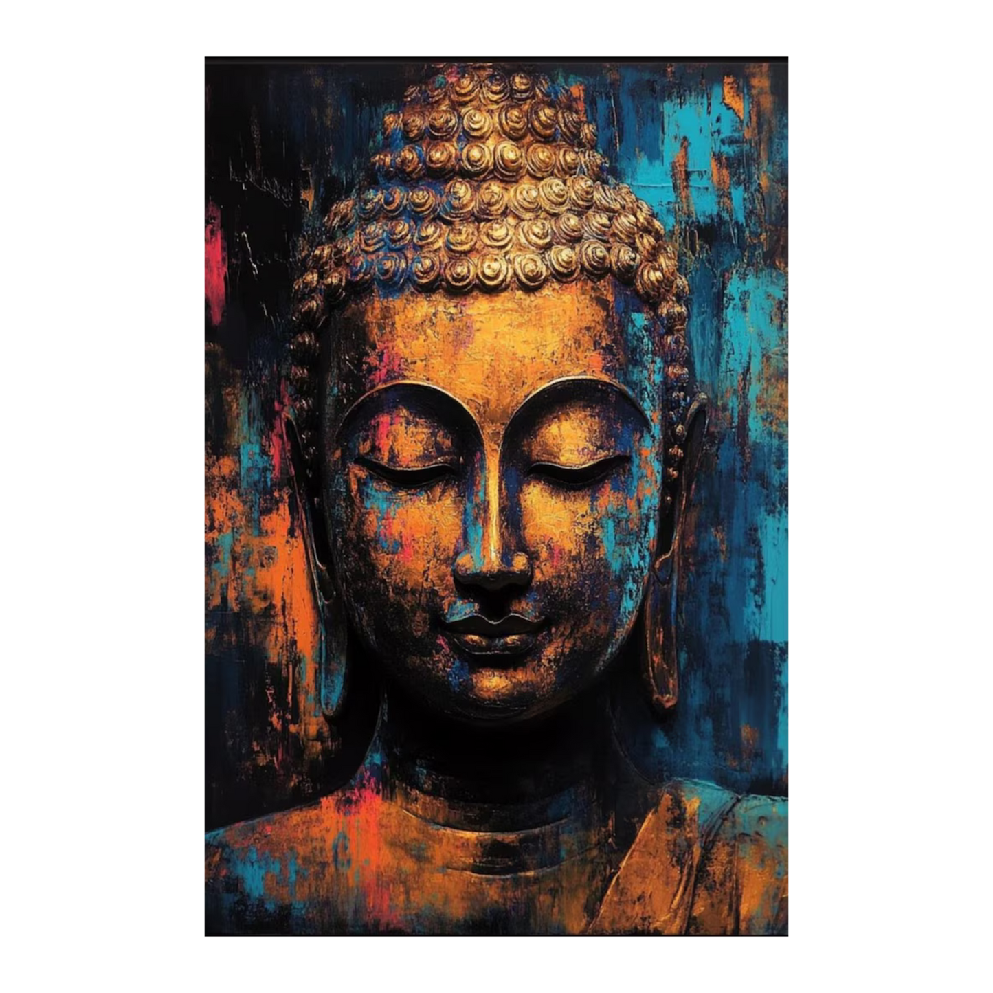 Artistic depiction of a Buddha figure with a colorful abstract background