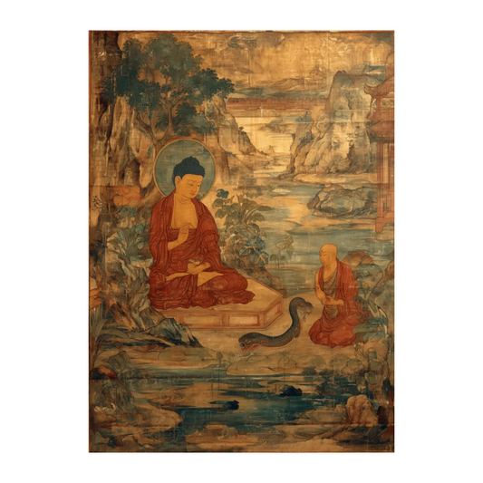Traditional painting of two seated figures by a body of water with mountains in the background