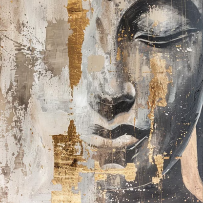 Beige Buddha Face Wall Art – Hand-Painted Gold Leaf Canvas