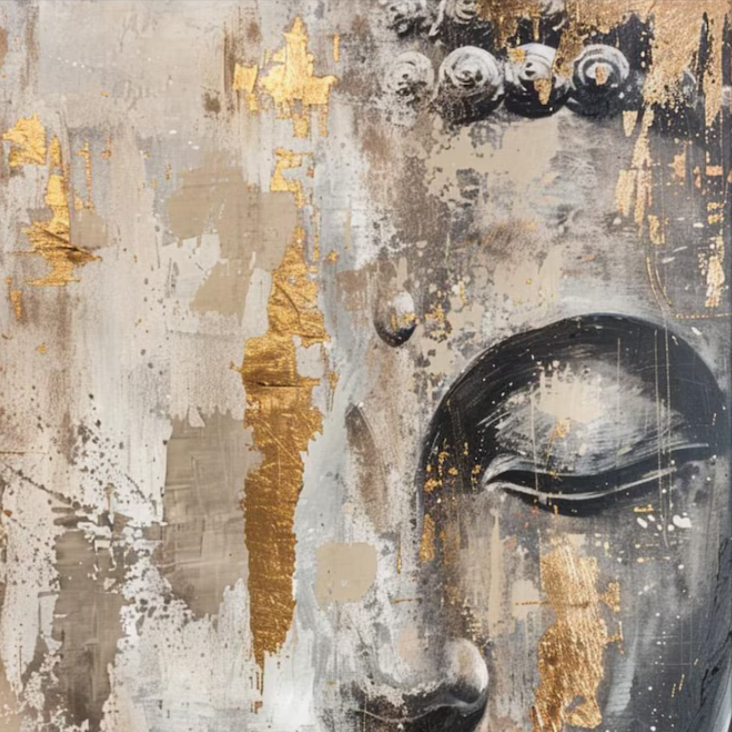 Beige Buddha Face Wall Art – Hand-Painted Gold Leaf Canvas