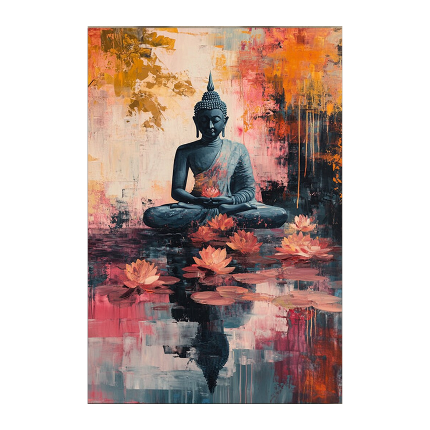 Painting of a Buddha figure sitting in meditation with lotus flowers on a colorful abstract background.
