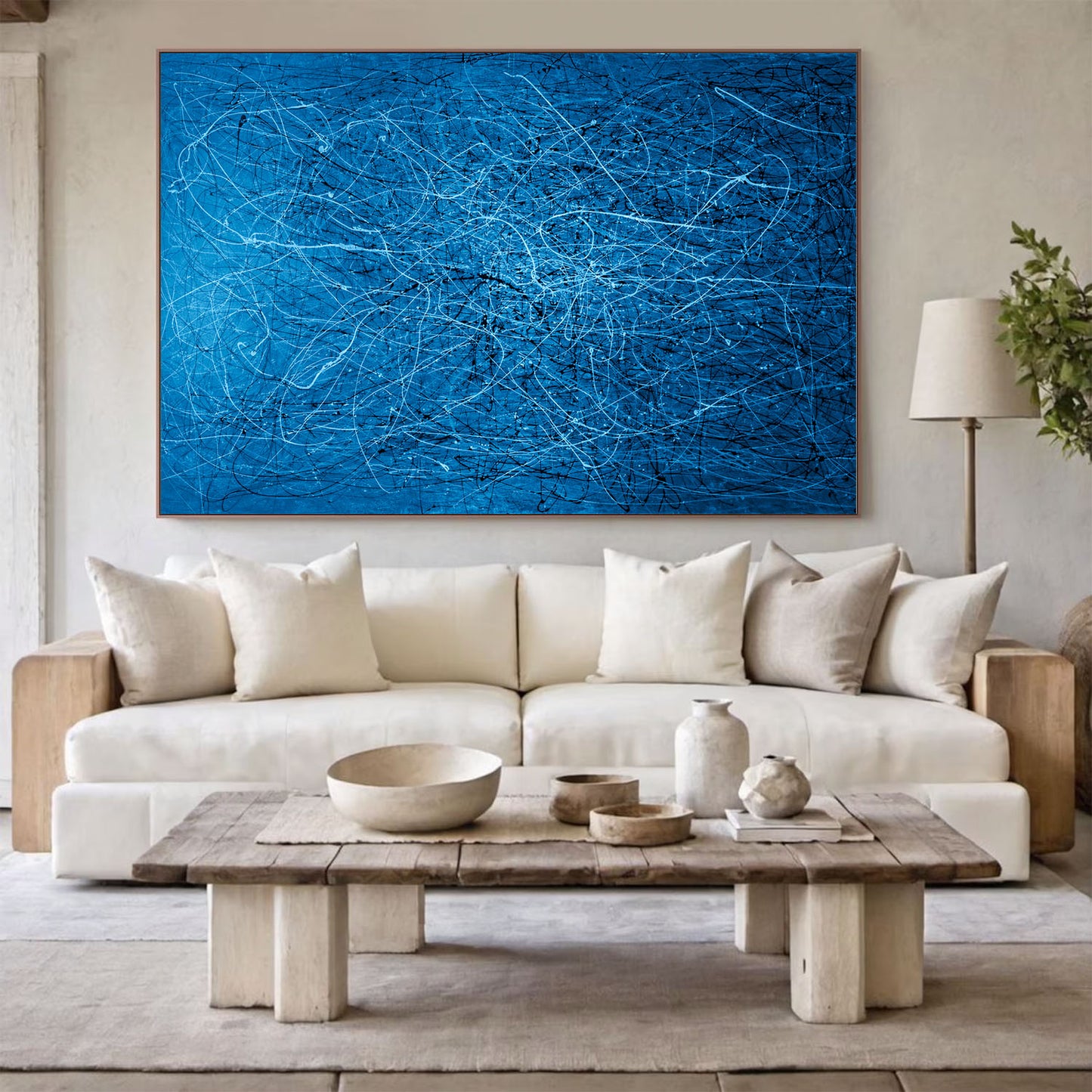 Celestial Drifts - Blue, Black & White Abstract Drip Painting | Pollock-Inspired Art