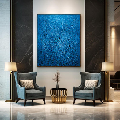 Celestial Drifts - Blue, Black & White Abstract Drip Painting | Pollock-Inspired Art