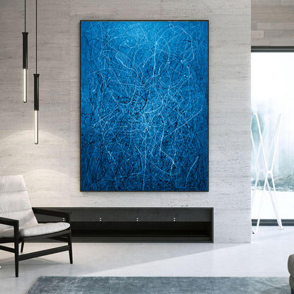 Celestial Drifts - Blue, Black & White Abstract Drip Painting | Pollock-Inspired Art