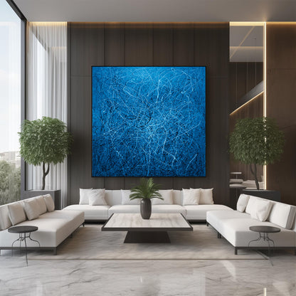 Celestial Drifts - Blue, Black & White Abstract Drip Painting | Pollock-Inspired Art
