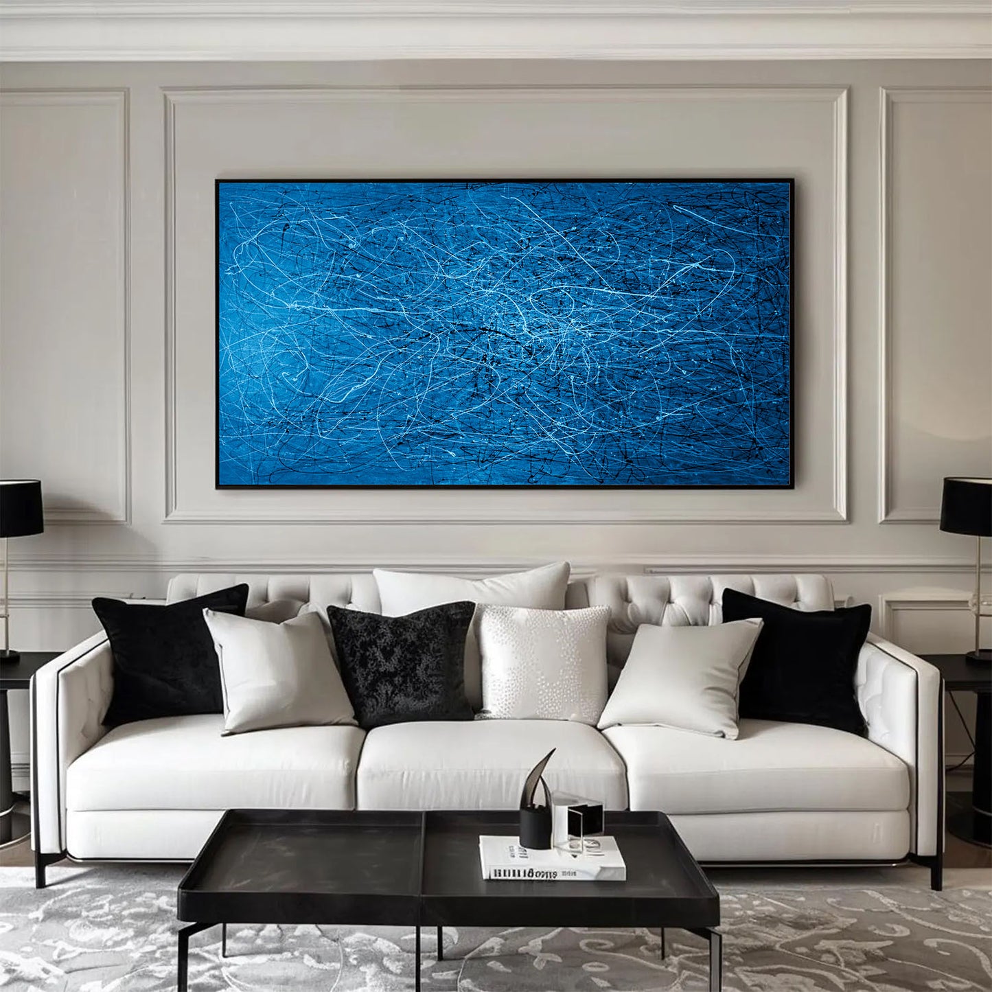 Celestial Drifts - Blue, Black & White Abstract Drip Painting | Pollock-Inspired Art