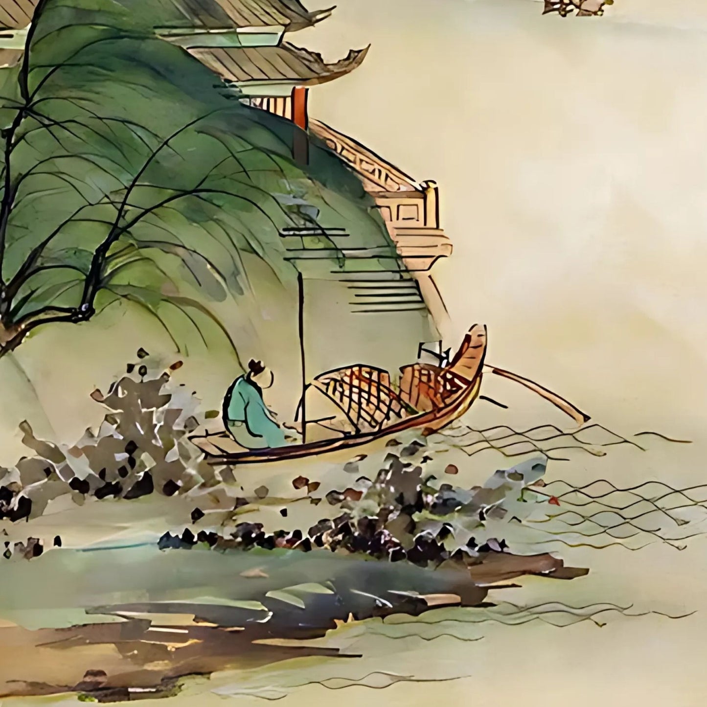 Traditional Chinese painting of a boat on water with a building and willow tree in the background