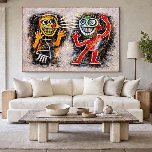 Modern living room with a colorful abstract painting above a white sofa.