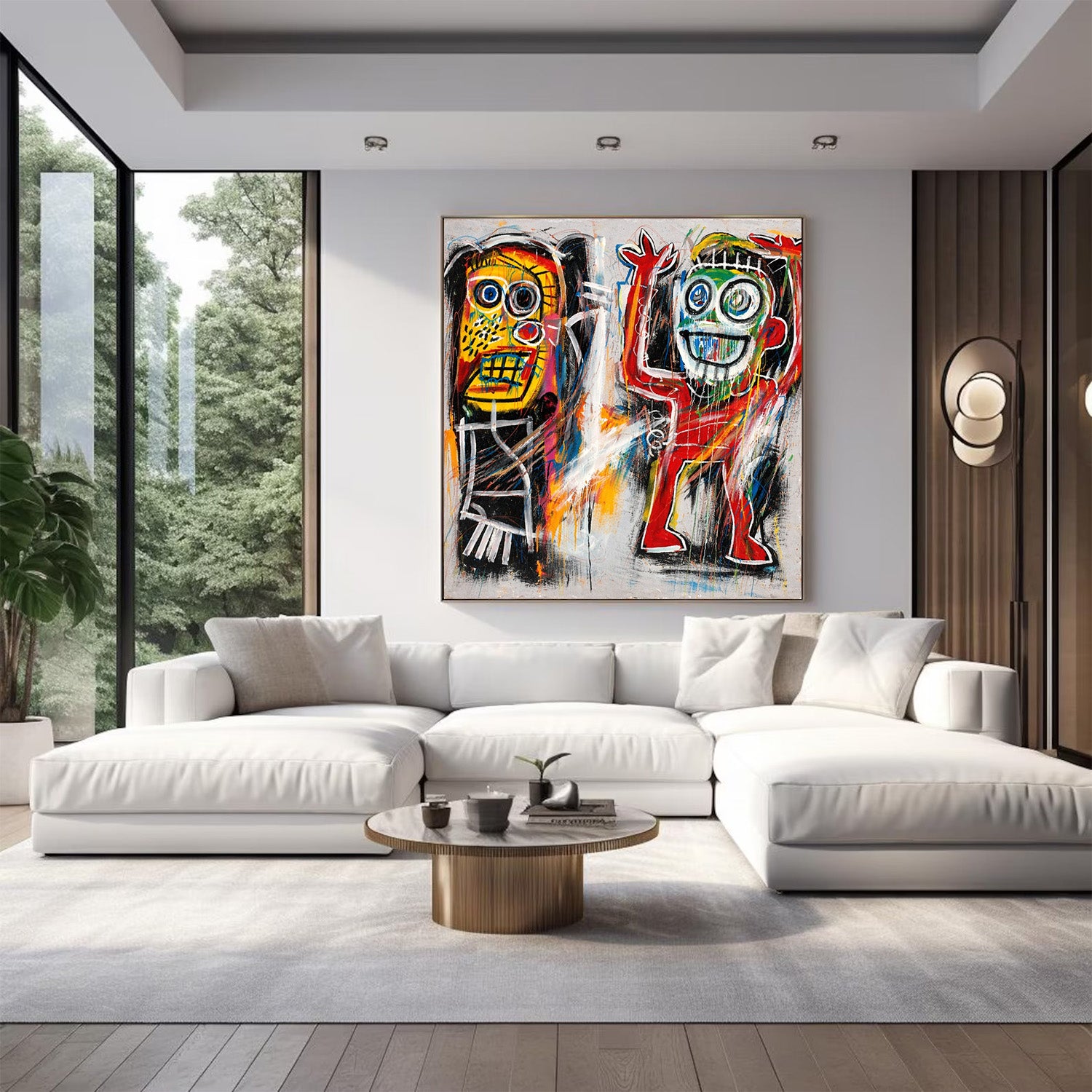 Modern living room with a white sofa, wooden coffee table, and colorful abstract art on the wall.