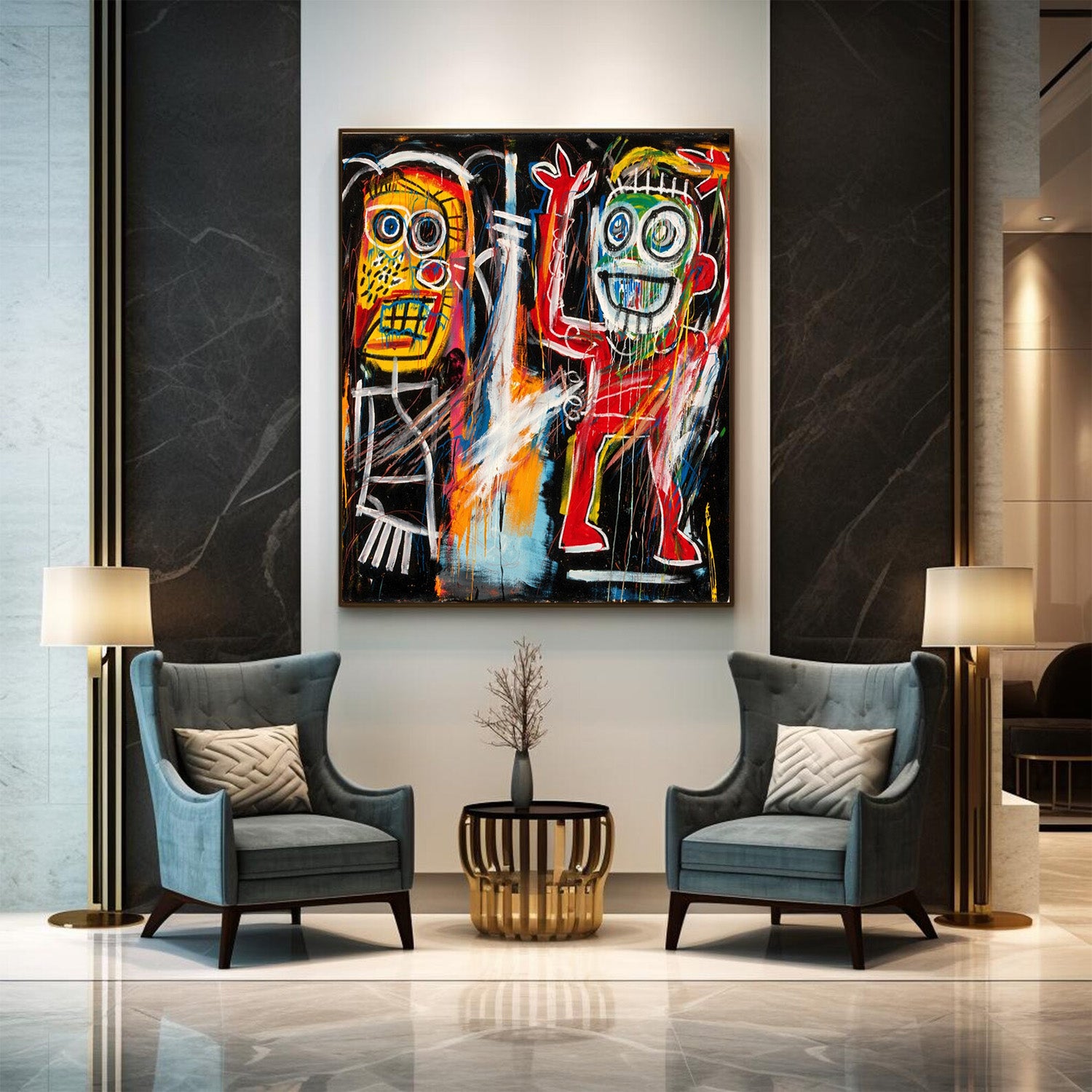 Modern living room with abstract artwork on the wall, two gray armchairs, and a small round table.