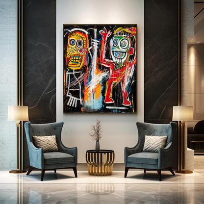 Modern living room with abstract artwork on the wall, two gray armchairs, and a small round table.