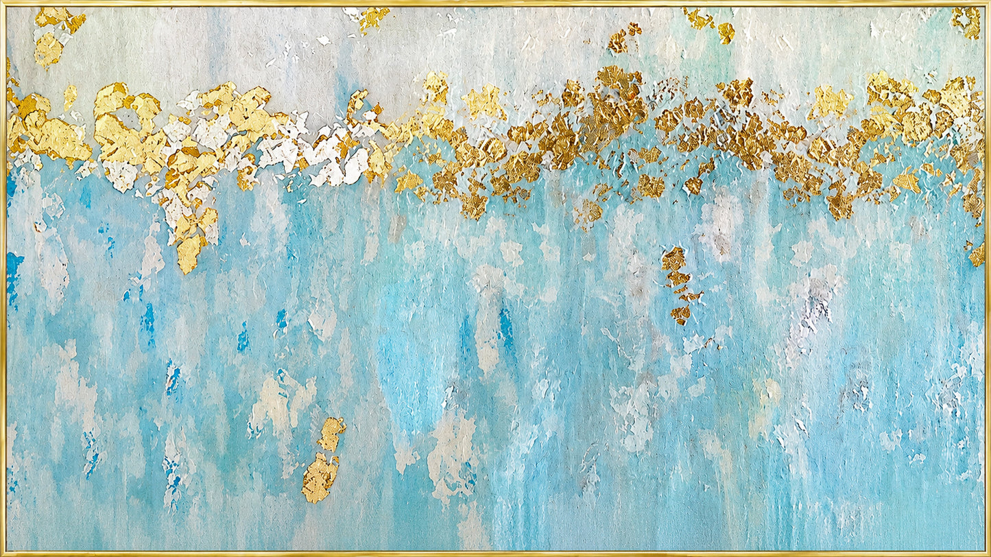 Hand-painted contemporary blue and gold foil seascape abstract painting on canvas with textured finish.