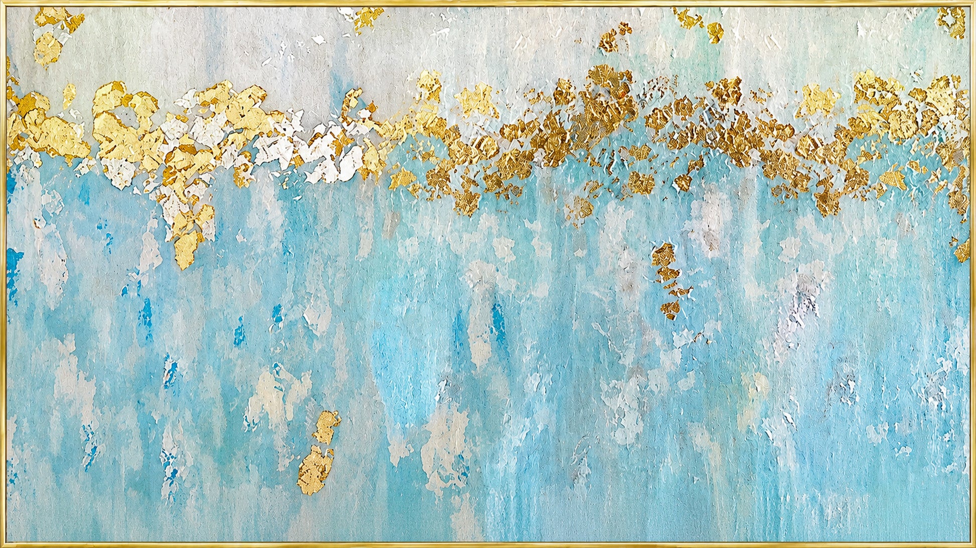 Hand-painted contemporary blue and gold foil seascape abstract painting on canvas with textured finish.