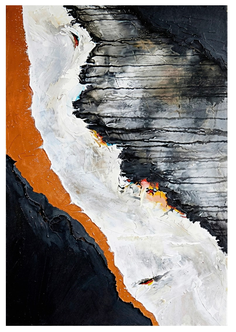 Abstract art piece with black, white, and orange colors