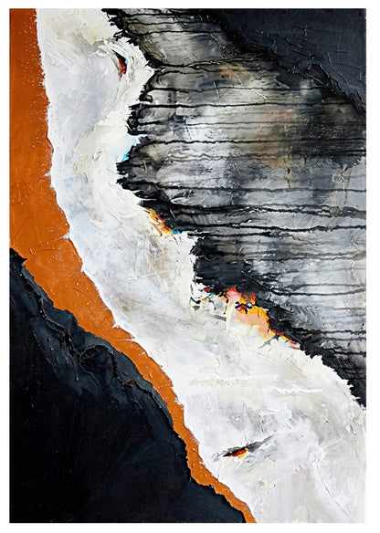 Abstract art piece with black, white, and orange colors