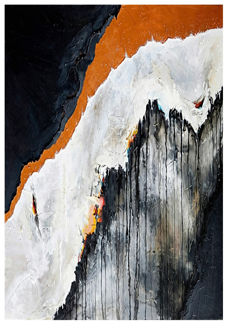 Abstract art piece with white, black, and orange colors on a dark background