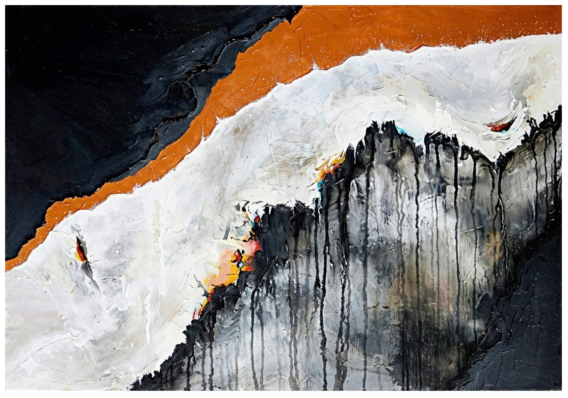 Abstract art piece with a mix of white, black, and orange colors.