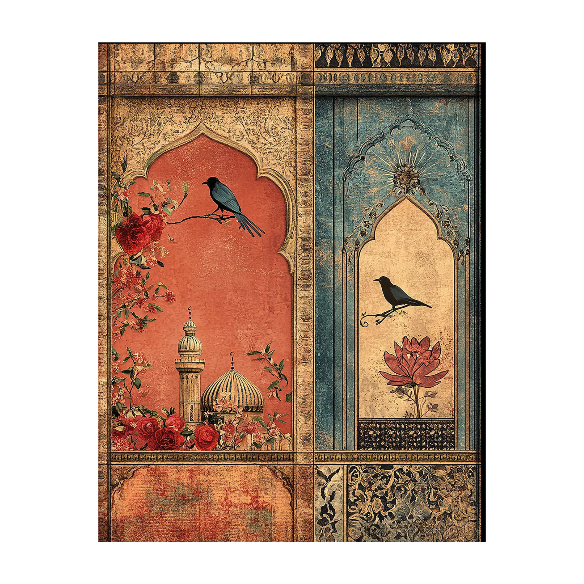 Decorative wall art with architectural elements, birds, and floral designs on a white background.