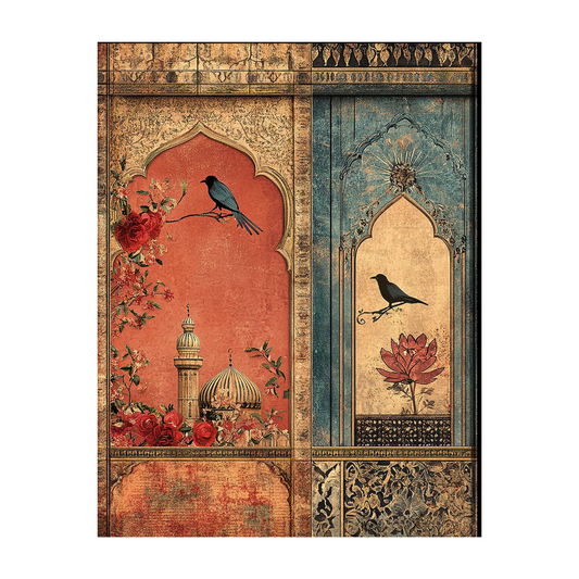 Decorative wall art with architectural elements, birds, and floral designs on a white background.