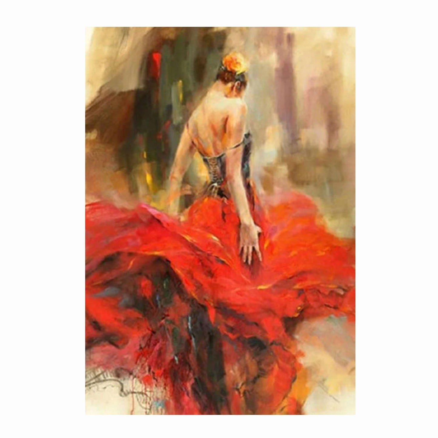 Artistic depiction of a dancer in a red dress with a blurred background