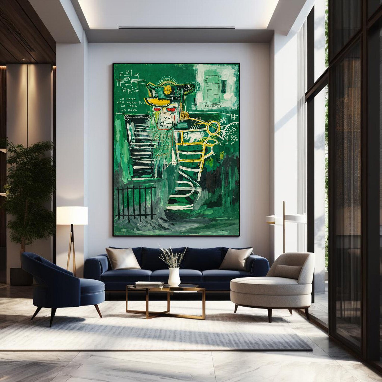 Modern living room with a large abstract painting on the wall